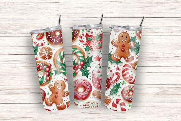 Thermobecher mit Lebkuchen, Zuckerstangen und weihnachtlichem Design. Perfekt für heiße Getränke in der Adventszeit. Kapazität: 590 ml.